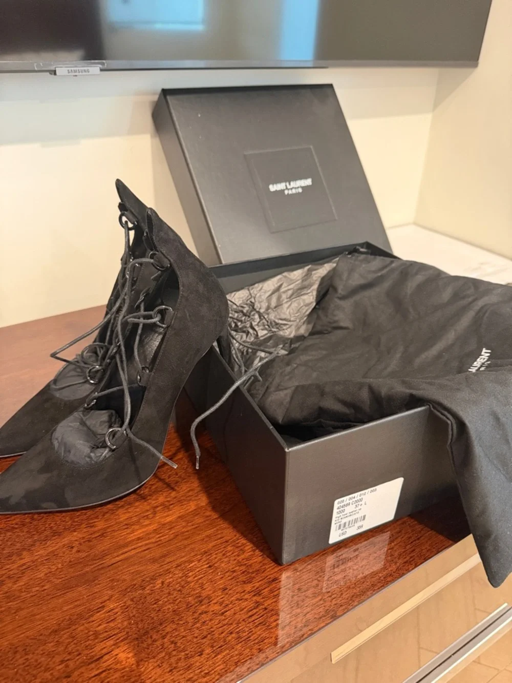 Saint Laurent Black Suede Lace-Up Pointed Pumps - Picture 5 of 5